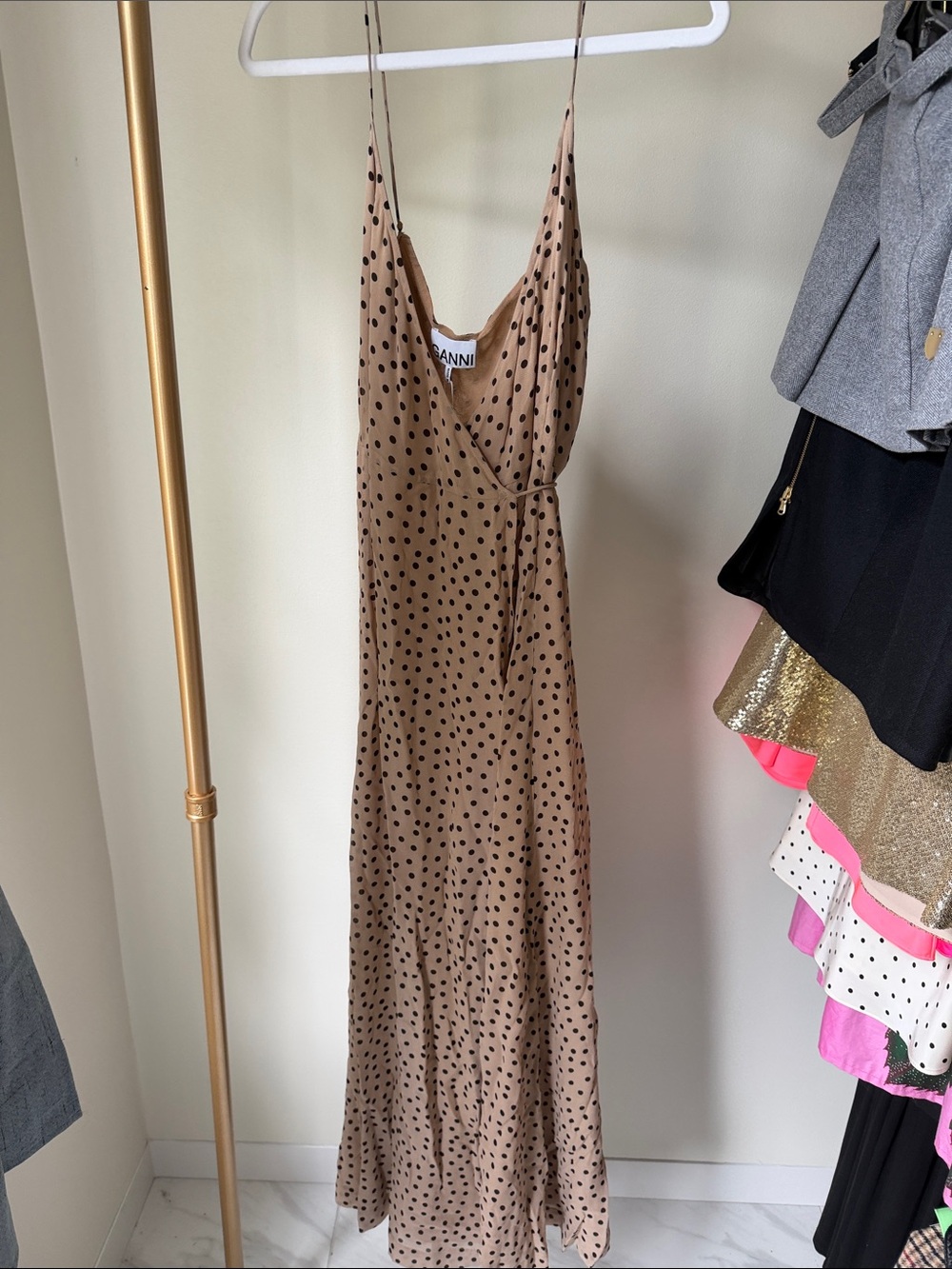 Ganni Tan Slip Maxi Dress with Black Polka Dots